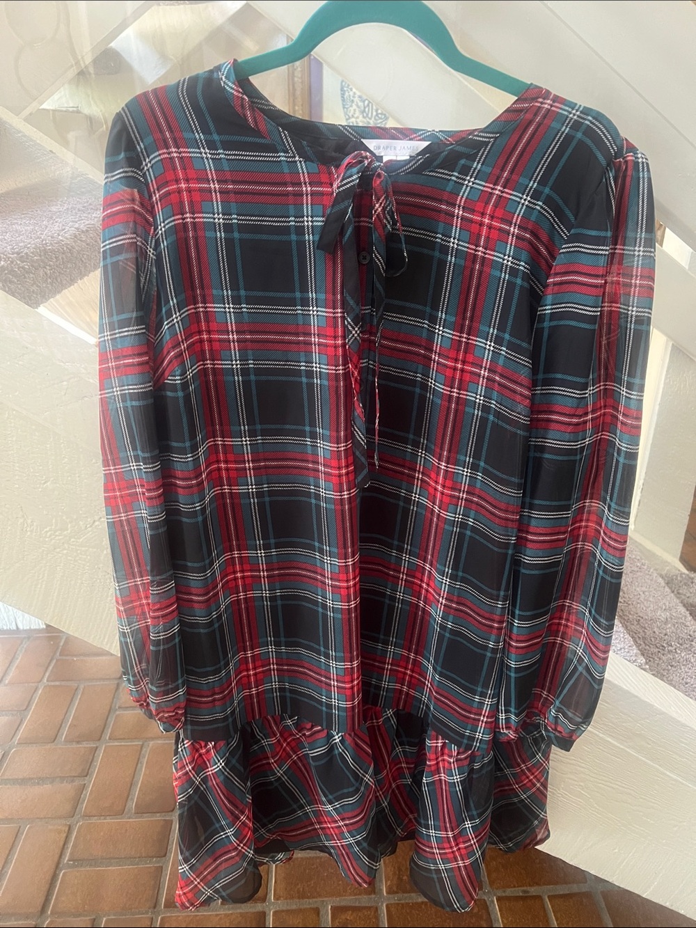 Draper James  Red and Black Plaid Tie-Neck Dress L